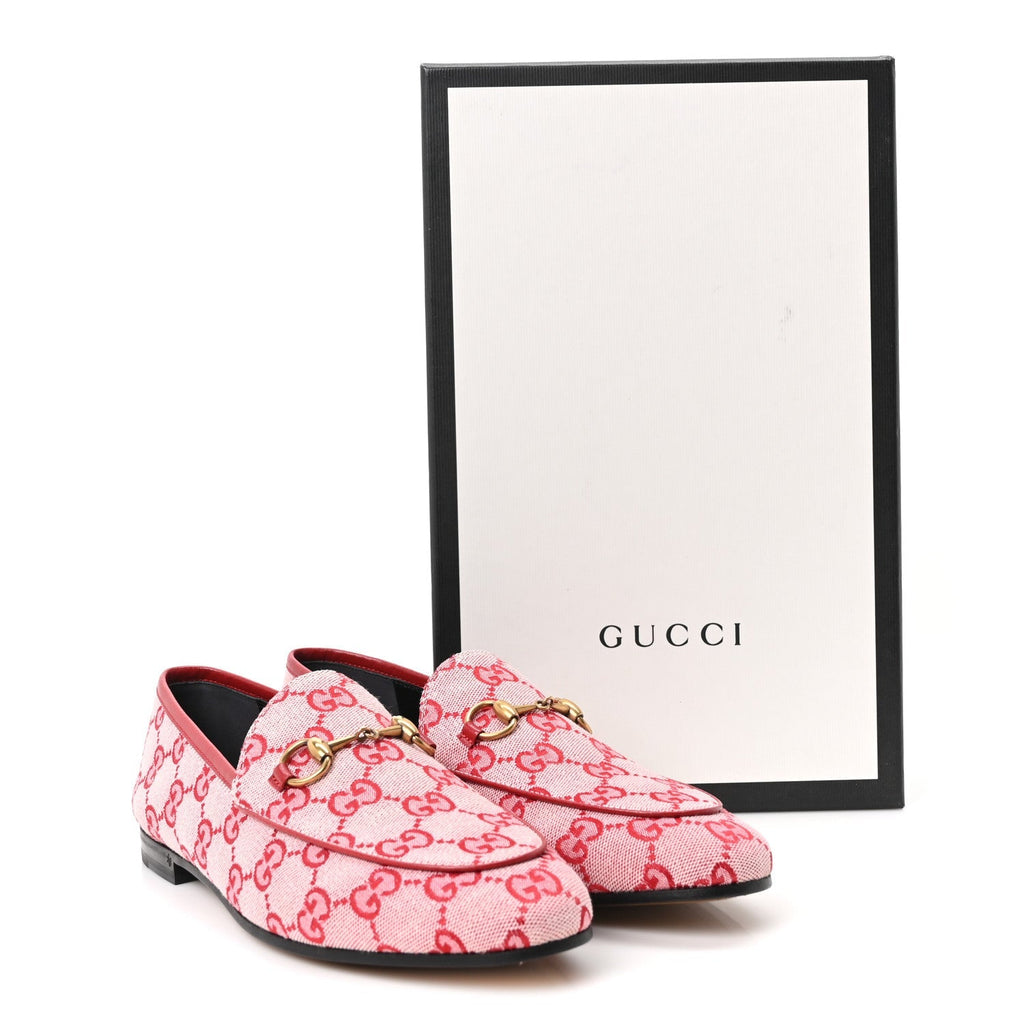 Gucci Canvas Women's GG Jordaan Loafers 37.5 Hibiscus Red