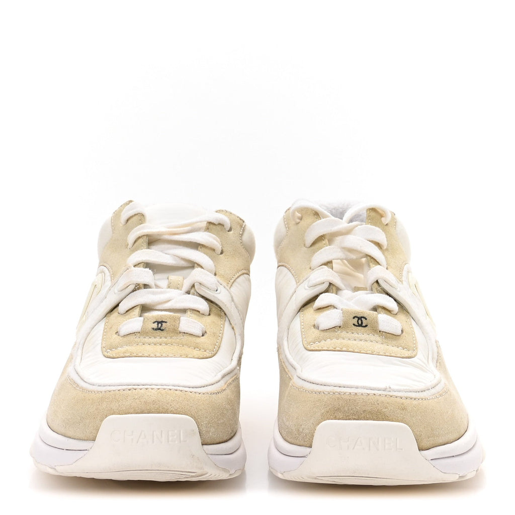 Chanel Suede Calfskin Fabric Women's CC Sneakers 37.5 White