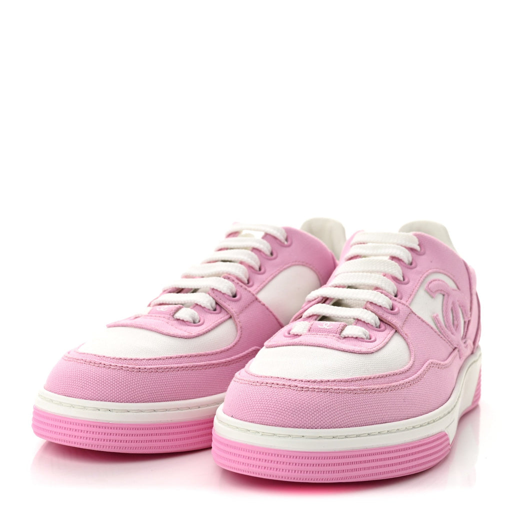 Chanel Cotton Calfskin Women's CC Sneakers 37.5 Pink White