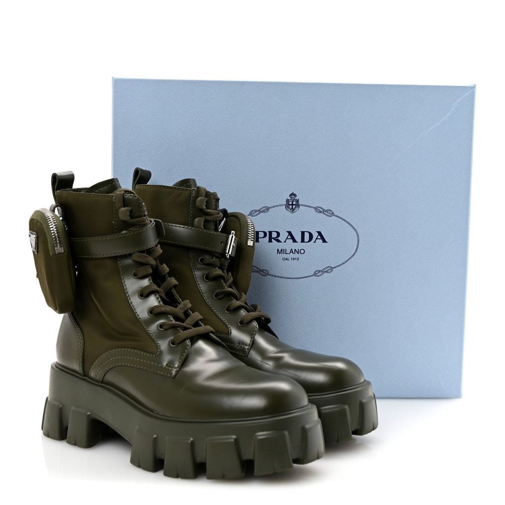 Prada Spazzolato Re-Nylon Women's Monolith 55mm Boots 37.5 Militare