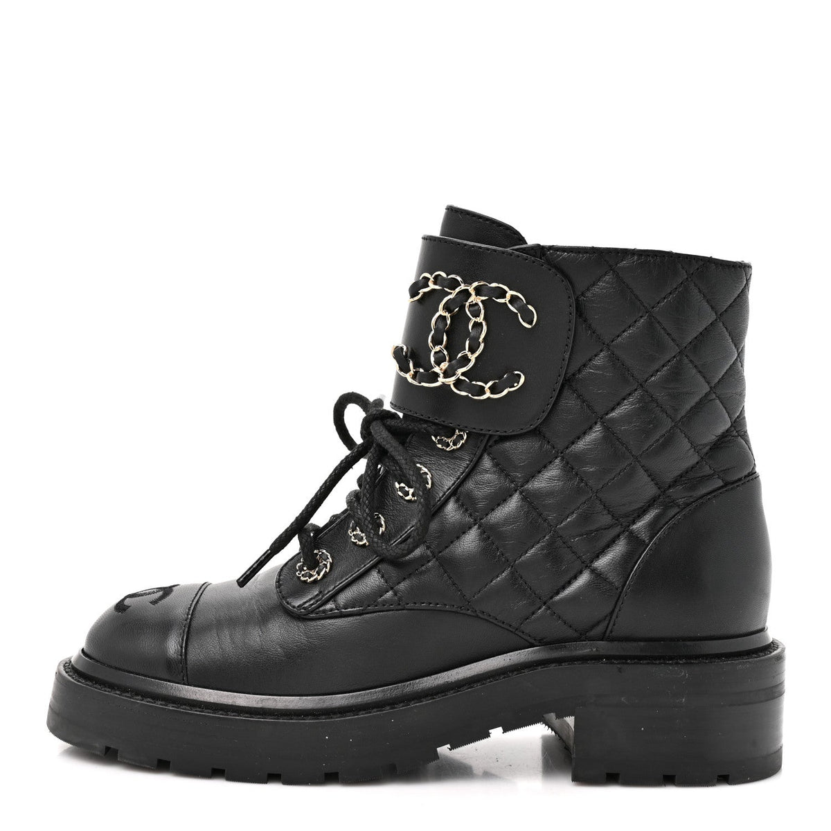 Shiny Goatskin Calfskin Quilted Lace Up Combat Boots Black
