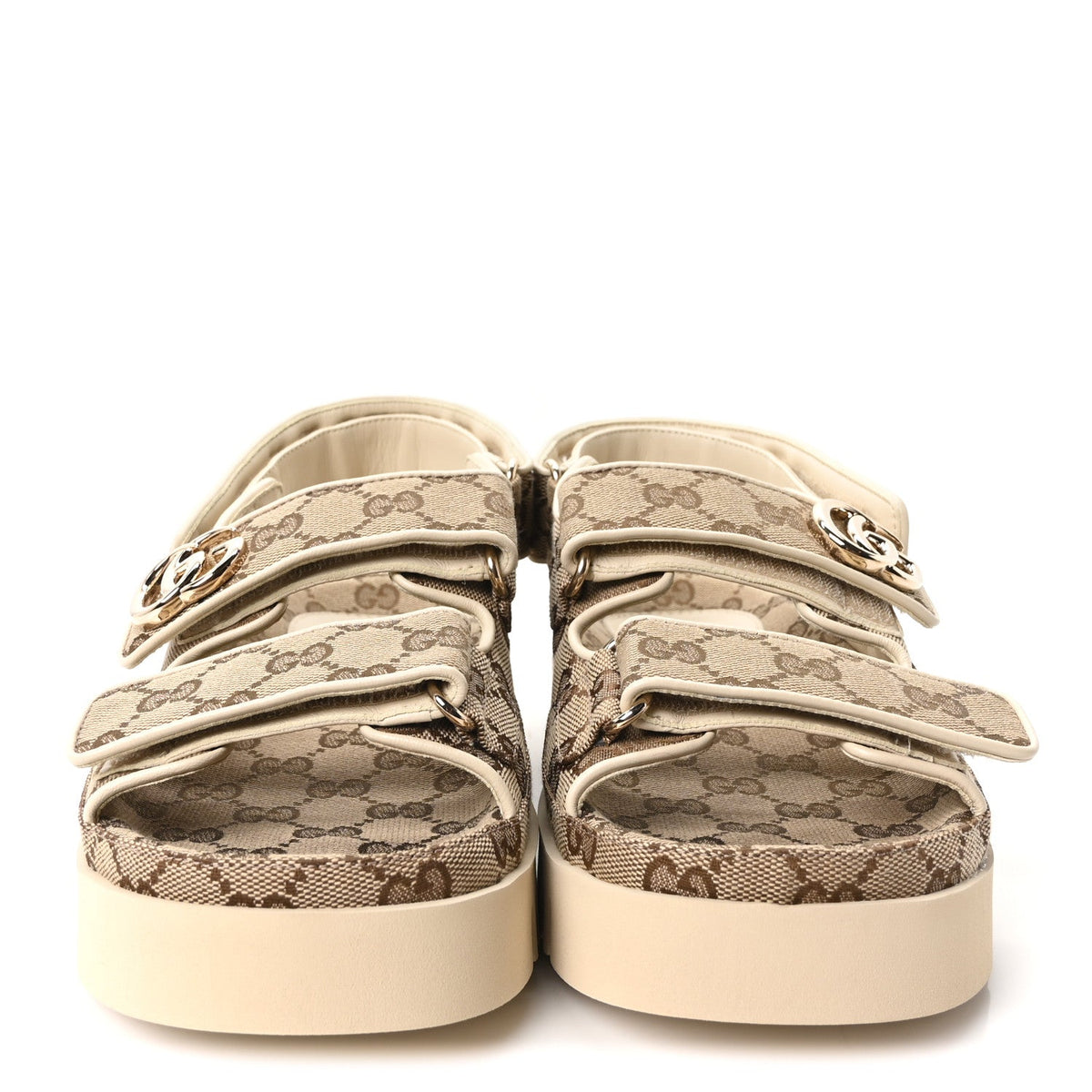 Gucci Monogram Suede Women's Double G Dad Sandals 37 Beige Ebony New Acero
