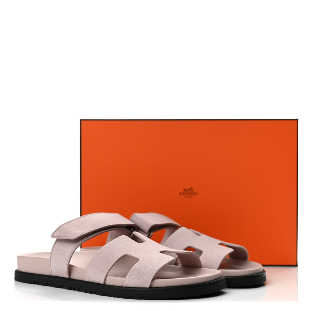 Hermes Suede Goatskin Women's Chypre Sandals 39 Rose Porcelaine