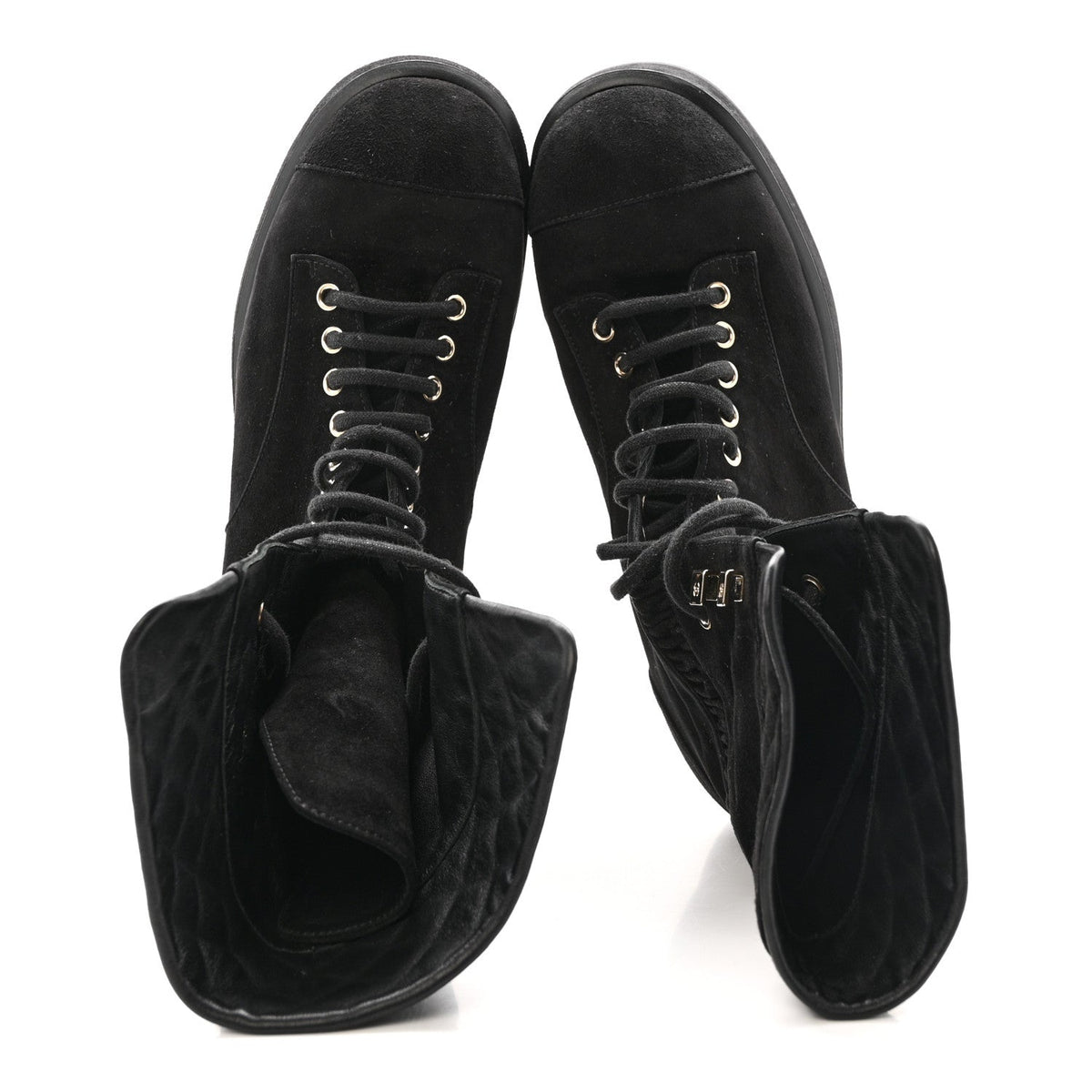 Chanel Suede Quilted Women's CC Lace Up Combat Boots 38.5 Black