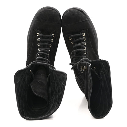 Chanel Suede Quilted Women's CC Lace Up Combat Boots 38.5 Black