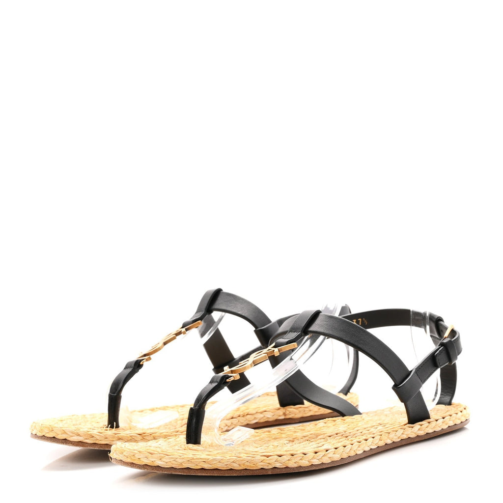 Saint Laurent Calfskin Raffia Cassandra Women's Sandals Black