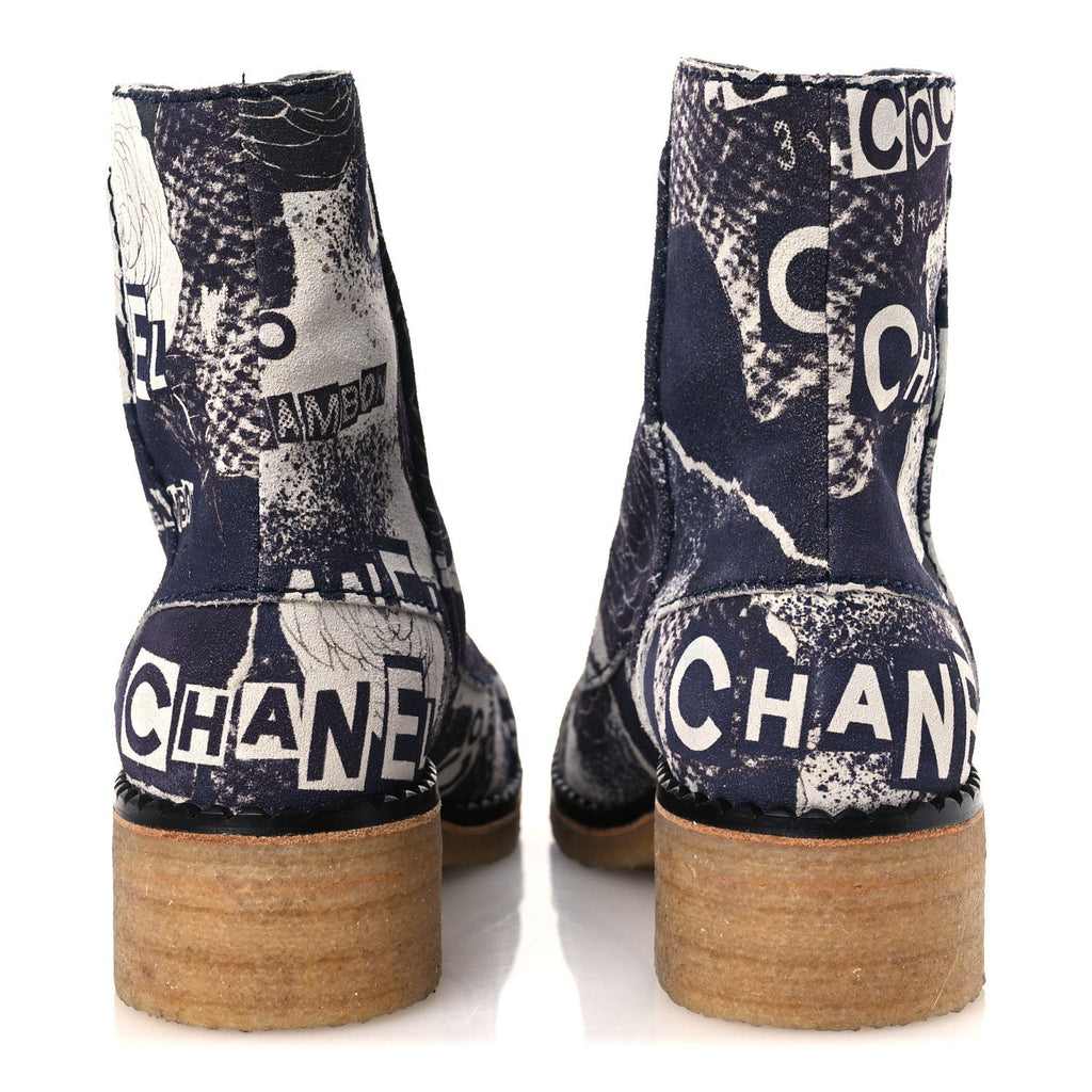 Chanel Suede Calfskin Women's CC 31 Rue Cambon Combat Boots 39.5 White Navy