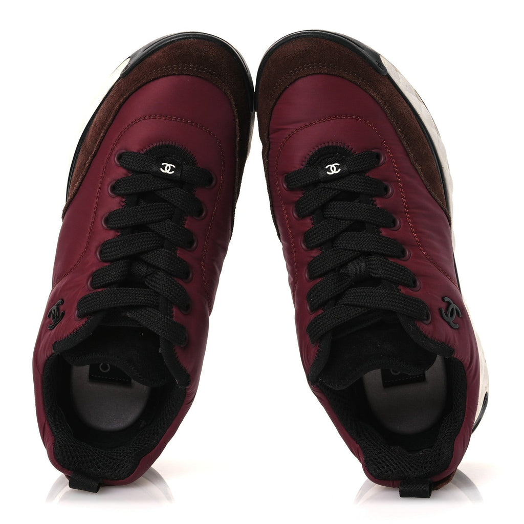 Chanel Nylon Suede Calfskin Women's CC Sneakers 38 Burgundy Brown