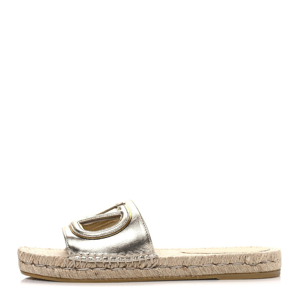 Valentino Garavani Laminated Napa Women's VLogo Cut Out Espadrille Slide Sandals 36 Silver