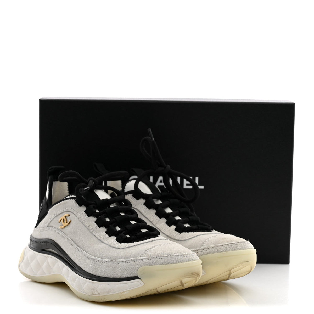 Chanel Suede Calfskin Women's Grosgrain CC Sneakers 37.5 White