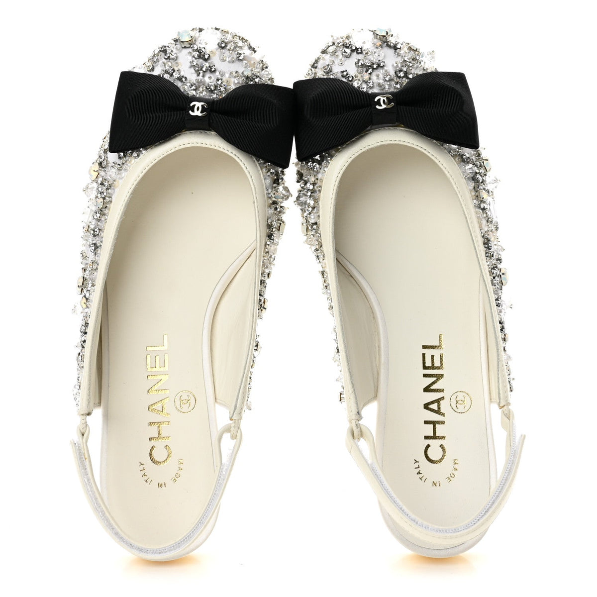 Chanel Satin Crystal Grosgrain Bow CC Slingback Women's Flats