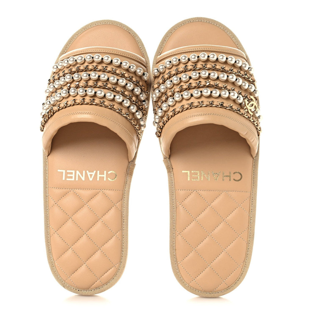 Chanel Lambskin Women's Pearl Chain Flat Slipper Sandals M Beige
