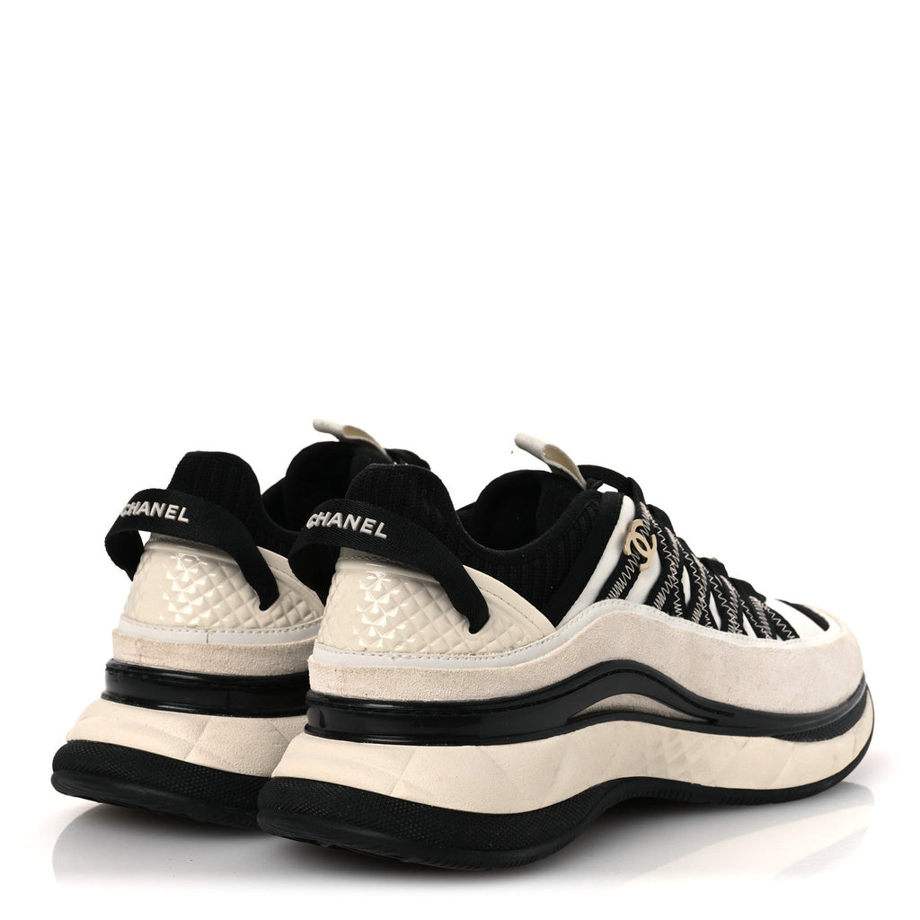 Chanel Fabric Suede Calfskin Women's CC Sneakers 39.5 White Black