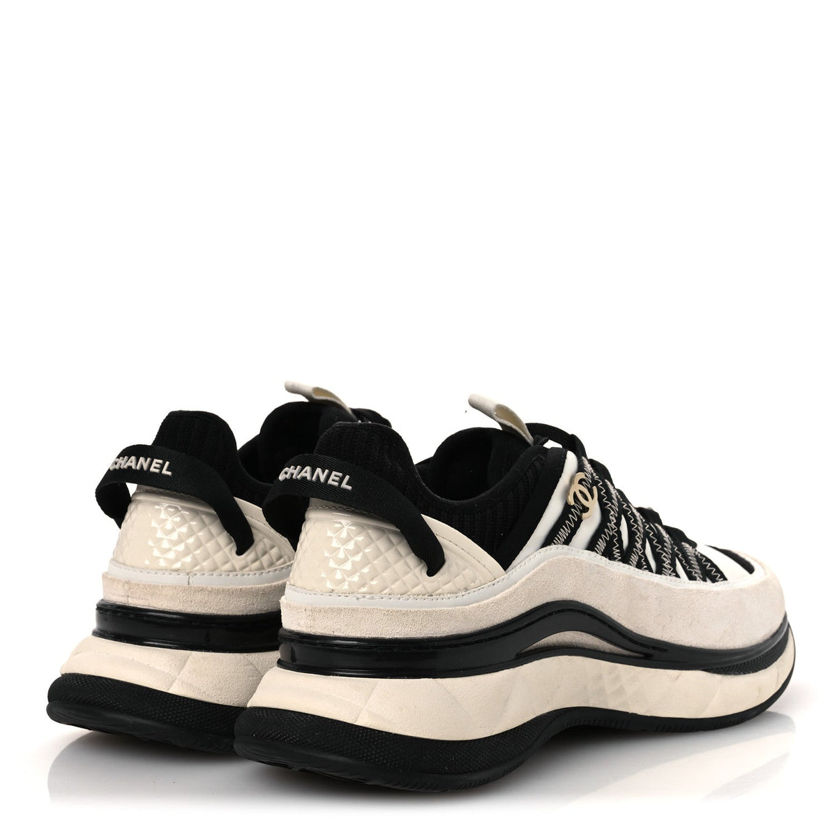Chanel Fabric Suede Calfskin Women's CC Sneakers 39.5 White Black