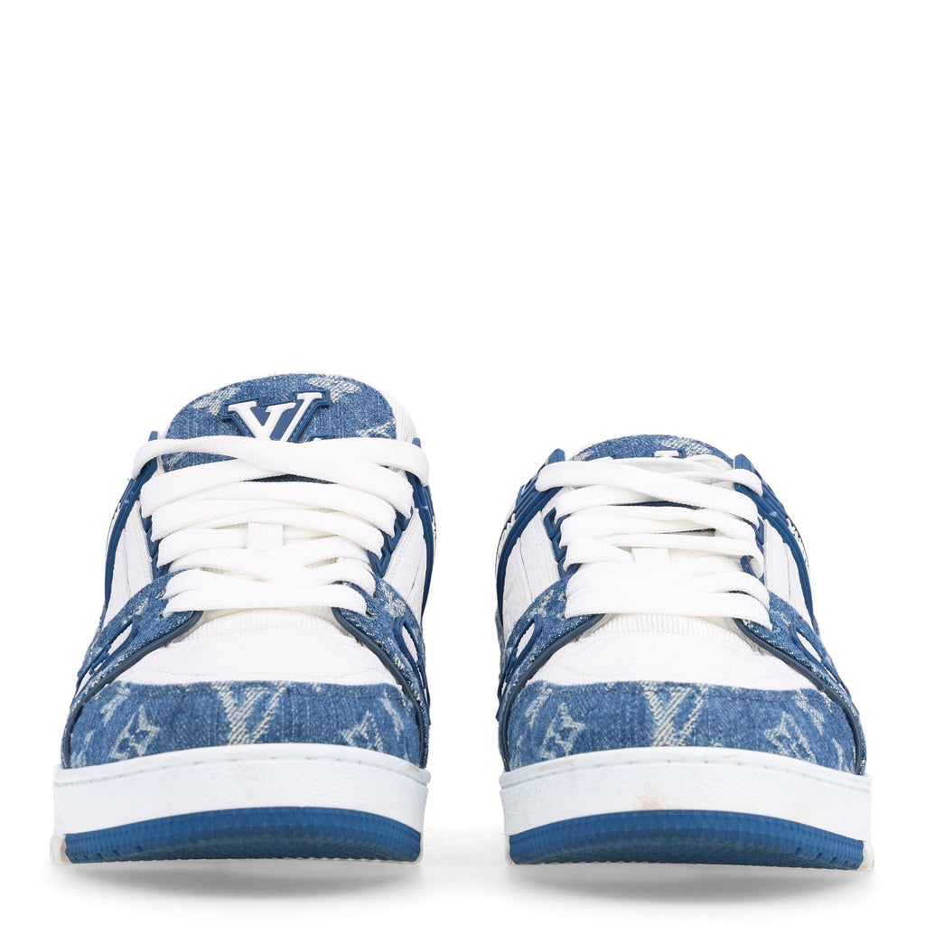 Louis Vuitton Calfskin Embossed Monogram Denim Women's LV Trainer Sneakers 40 Blue