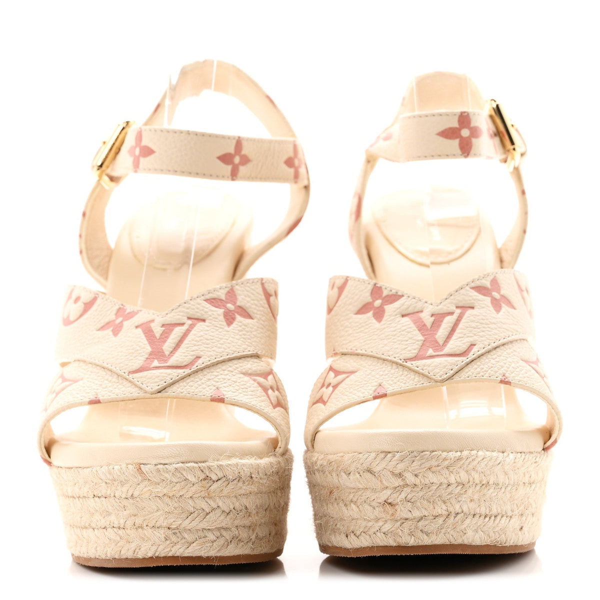 Louis Vuitton Empreinte Monogram Women's Starboard Espadrille Wedge Sandals 37 Creme Rose Trianon