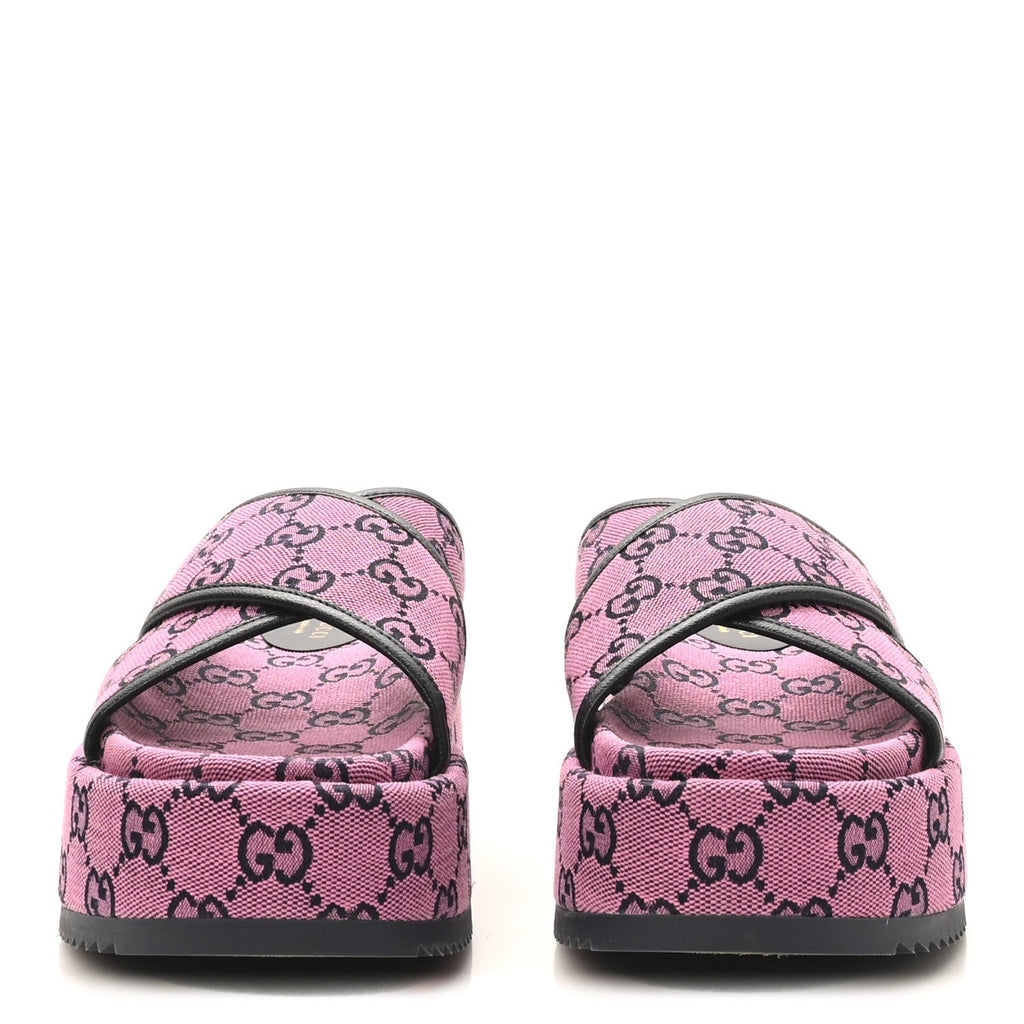 Gucci Canvas Women's Monogram Multicolor Criss Cross Platform Slide Sandals 36.5 Pink Blue