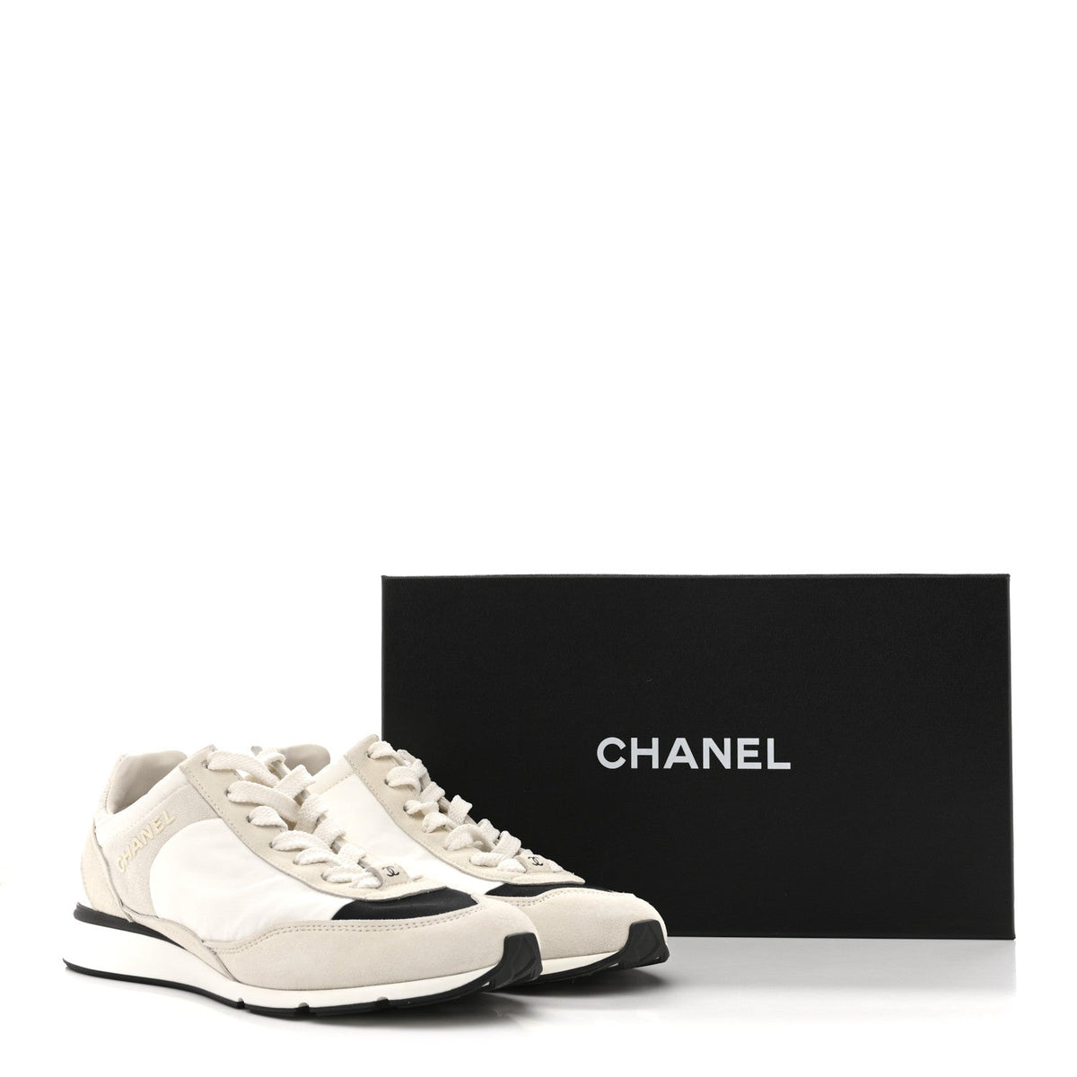 Chanel Nylon Suede Kidskin Calfskin Women's Logo Sneakers 37.5 White Black