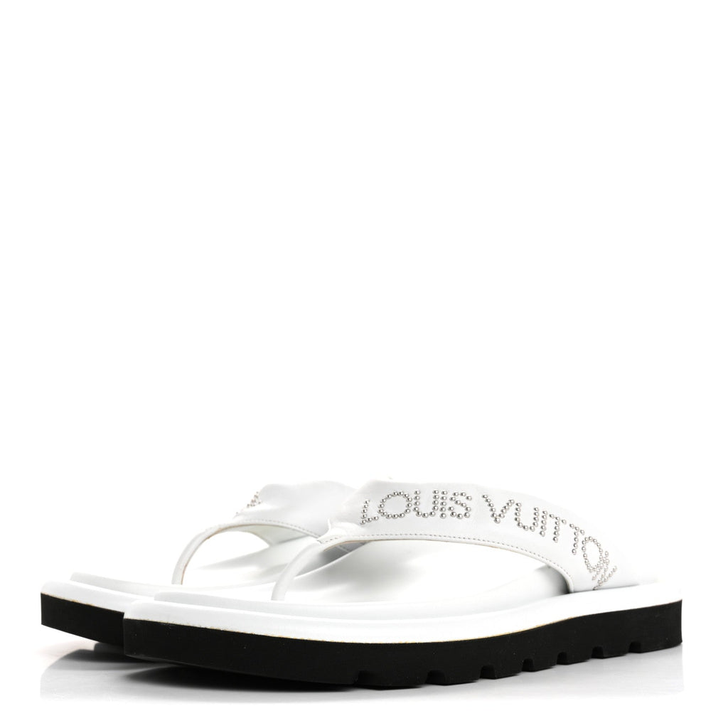 Louis Vuitton Calfskin Women's Logo Studded Pillow Flat Sandals 35 White