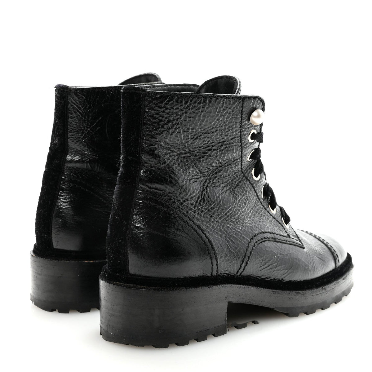 Chanel Shiny Calfskin Velvet Pearl Women's Combat Short Boots 38.5 Black