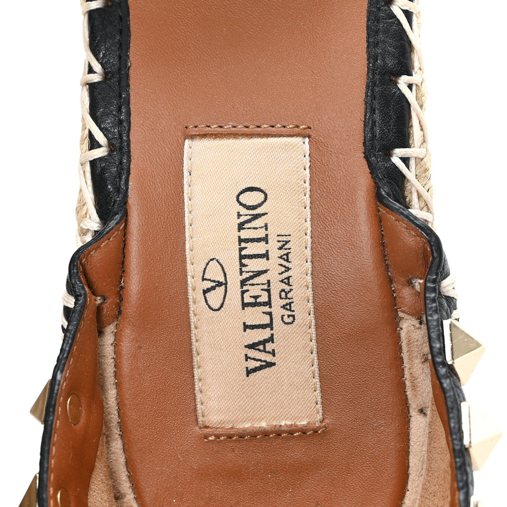 Valentino Garavani Grained Calfskin Women's Rockstud Espadrille Wedges 35 Black