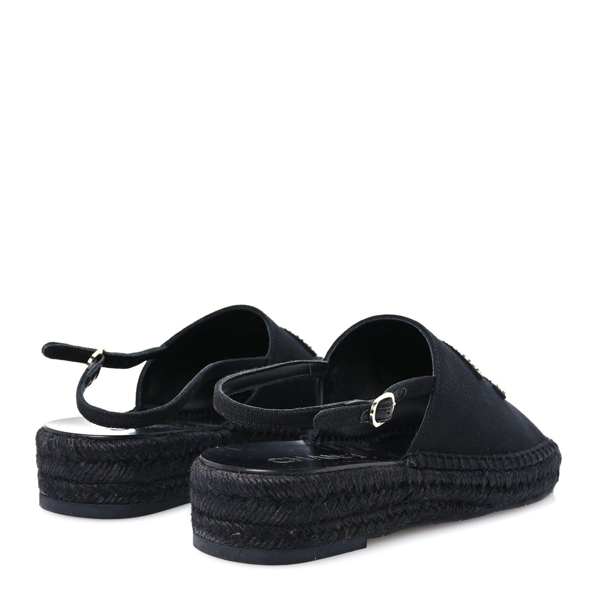 Chanel Canvas Strass CC Women's Espadrille Slingback Sandals 38 Black