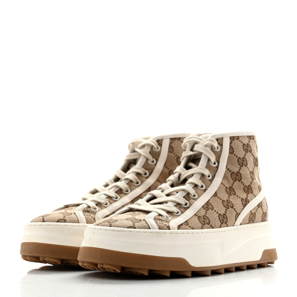 Gucci Canvas Women's GG Monogram Tennis 1977 High Top Platform Sneakers 38.5 Beige Ebony