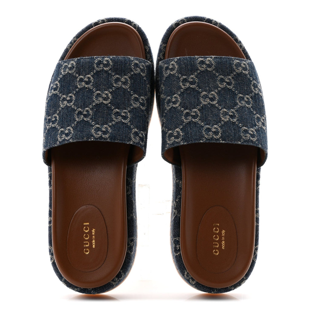 Gucci Denim Women's GG Monogram Angelina Platform Slide Sandals 40.5 Blue Tea