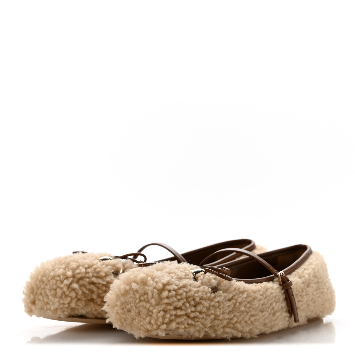Gucci Shearling Women's Horsebit Ballet Flats 38.5 Beige