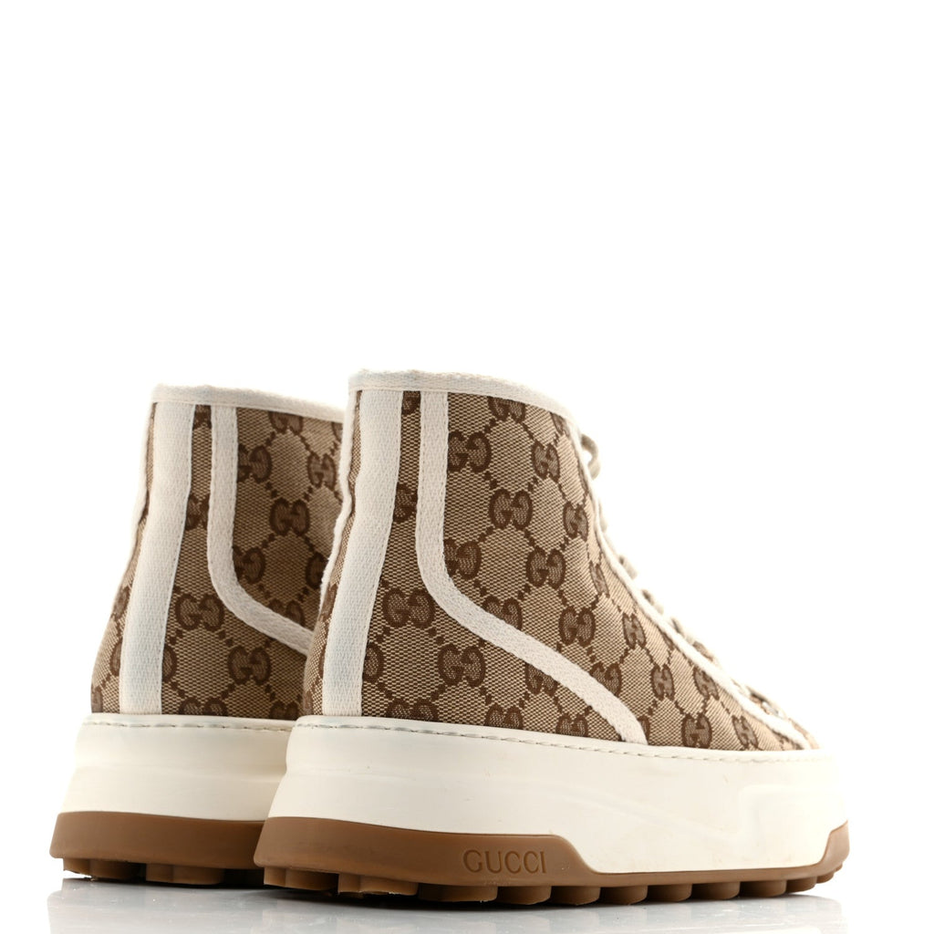 Gucci Canvas Women's GG Monogram Tennis 1977 High Top Platform Sneakers 38.5 Beige Ebony