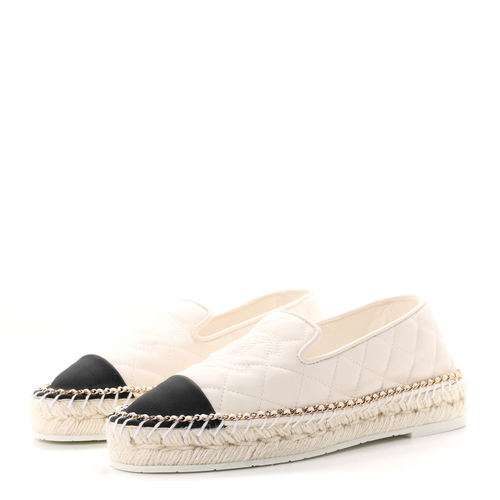 Chanel Shiny Lambskin Grosgrain CC Women's Espadrilles White Black