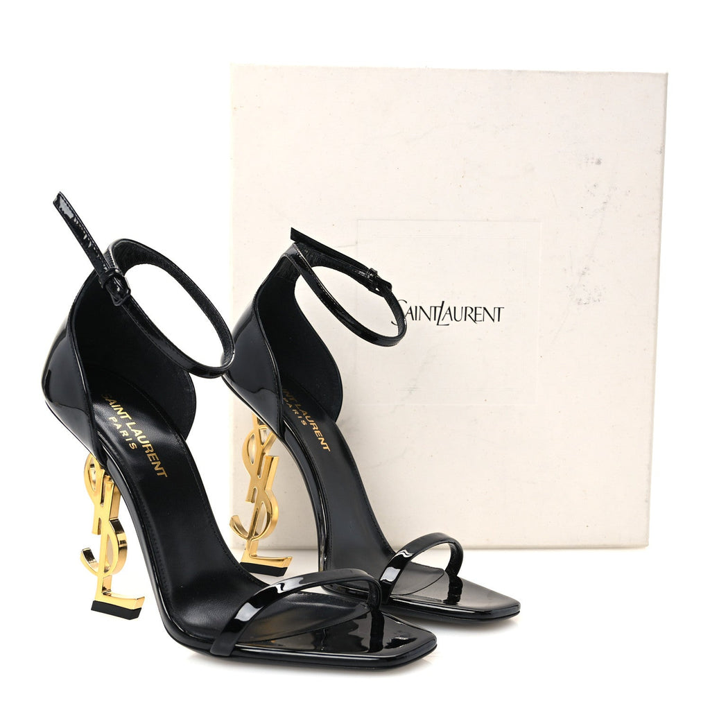 Saint Laurent Patent Calfskin Women's Opyum 110 Sandals 37.5 Black Gold