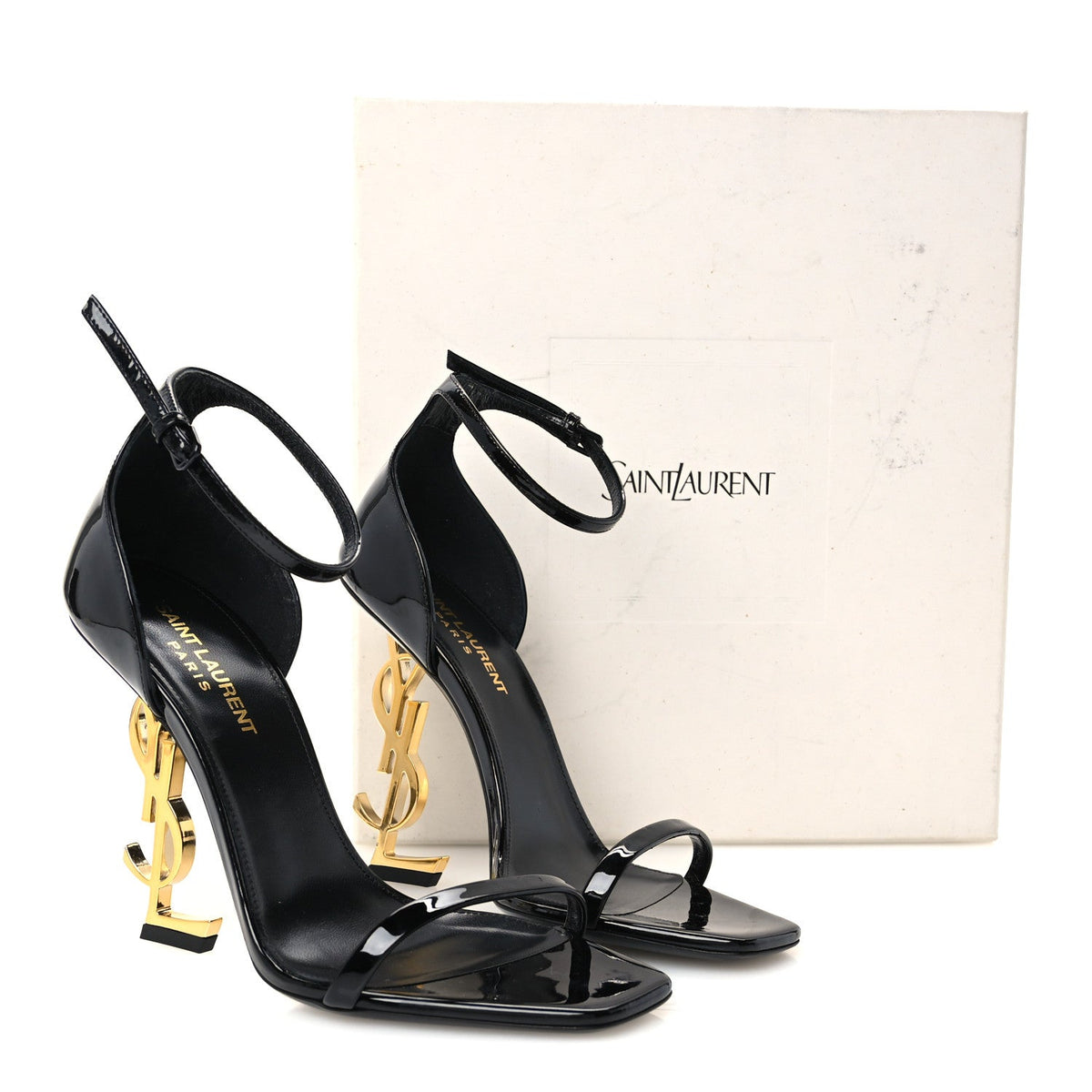 Saint Laurent Patent Calfskin Women's Opyum 110 Sandals 37.5 Black Gold
