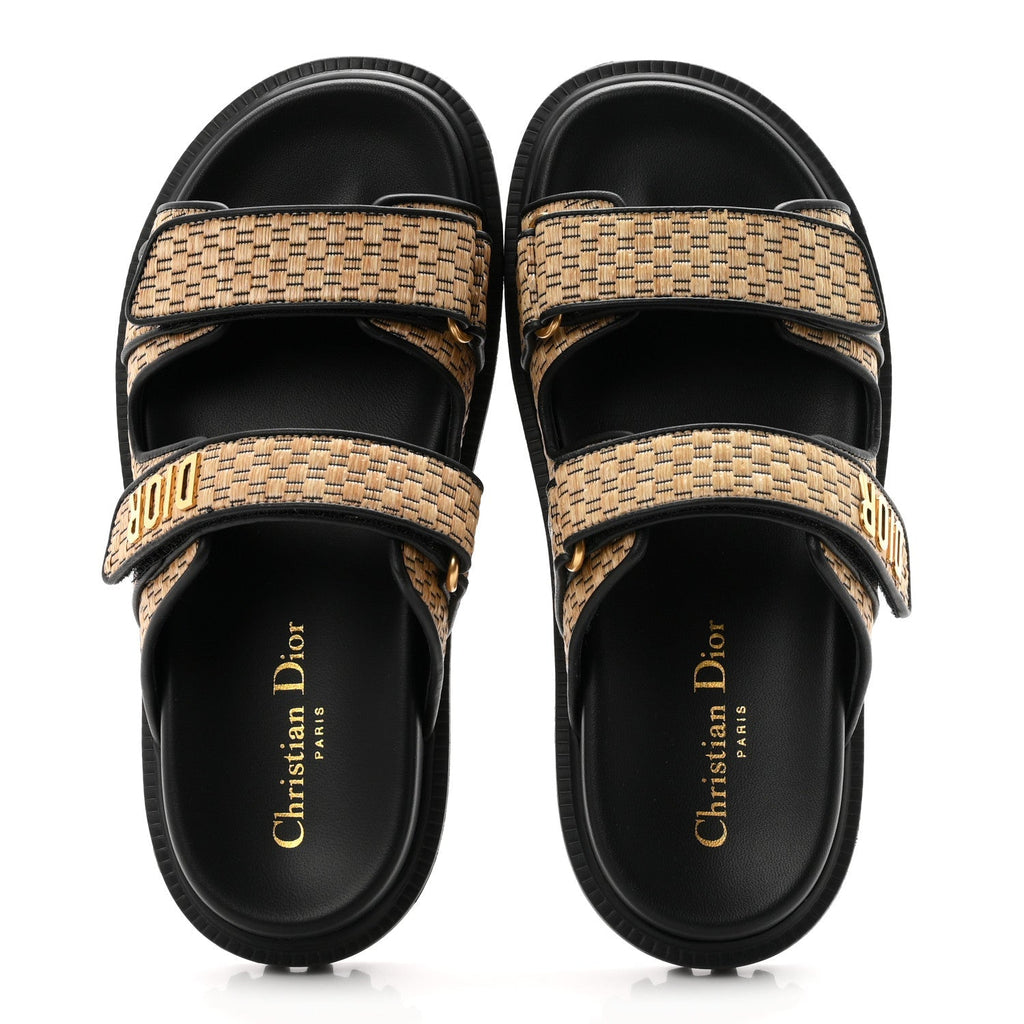 Christian Dior Raffia Women's Dioract Slide Sandals 36.5 Straw Black