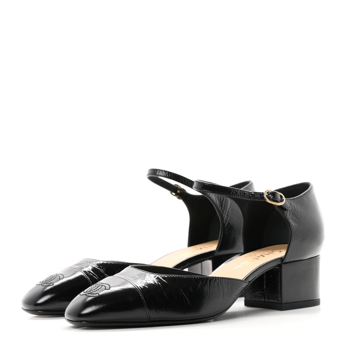 Chanel Glazed Crinkled Calfskin CC Cap Toe Mary Janes Women's Shoes