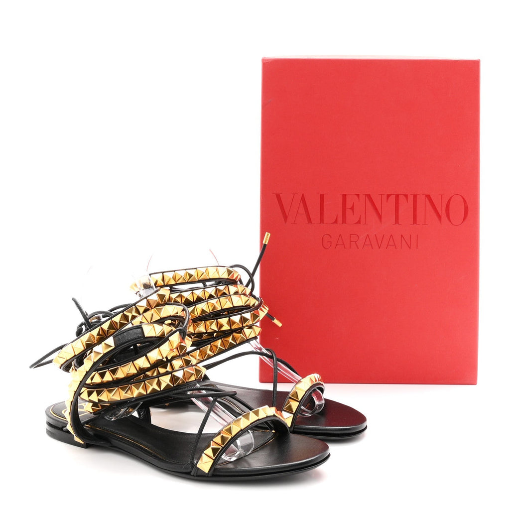 Valentino Garavani Calfskin Women's Rockstud No Limit Gladiator Flat Sandals 37 Black