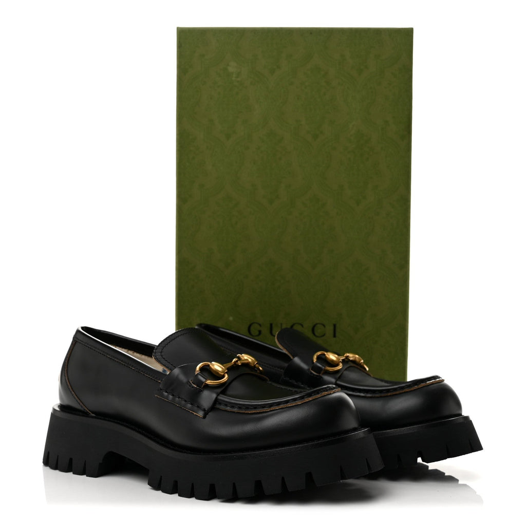 Gucci Cordovan Lux Women's Harald Horsebit 25mm Platform Loafers 37.5 Black