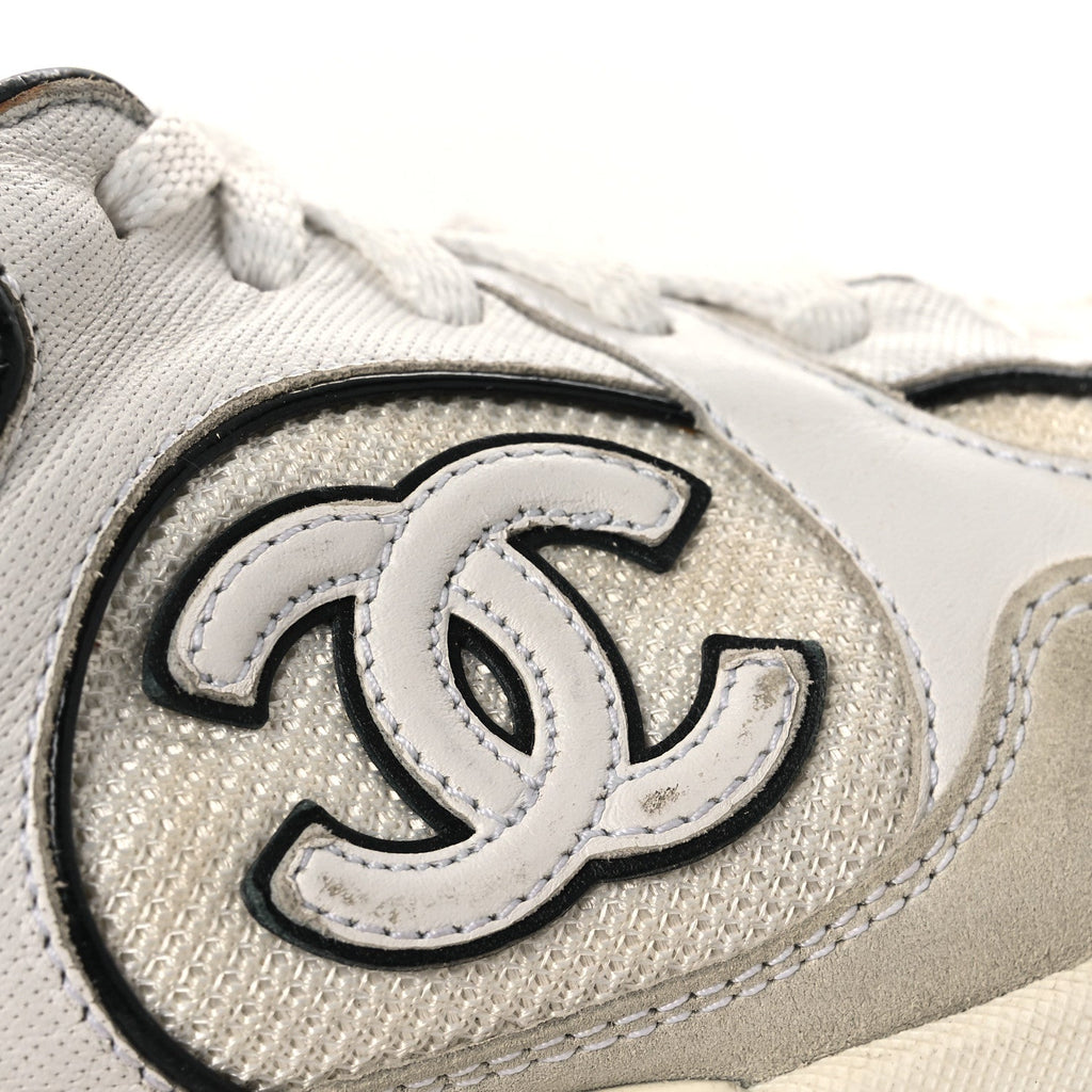 Chanel Mesh Suede Calfskin Women's CC Sneakers 37.5 White Black
