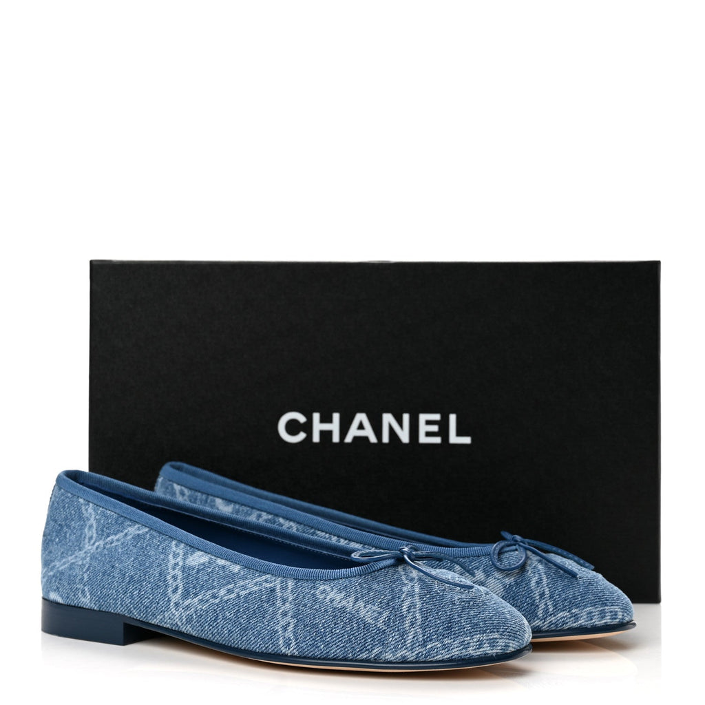 Chanel Denim Printed Cap Toe Women's Ballerina Flats