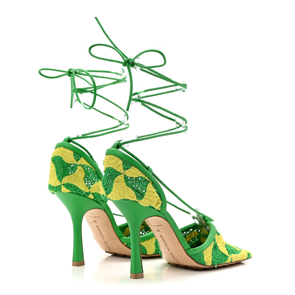 Bottega Veneta Crochet Lambskin Women's Stretch Ankle Tie Sandals 37 Kiwi Parakeet