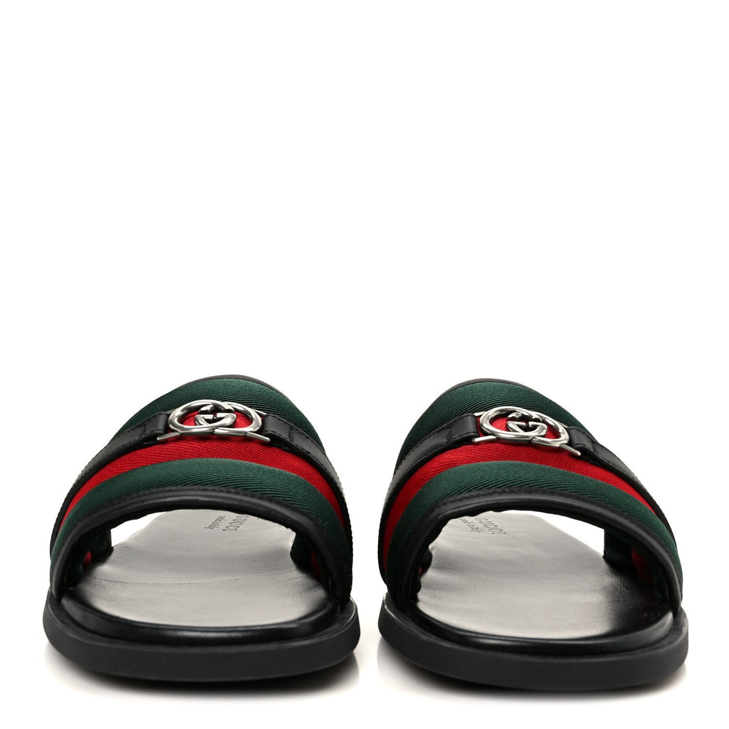 Gucci Nylon Calfskin Men's Web Interlocking G Maverik Slide Sandals 41 Black