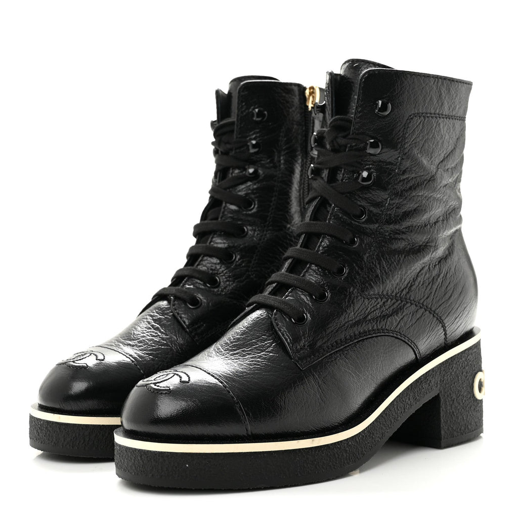 Chanel Shiny Crumpled Lambskin Lace Up Combat Women's Boots