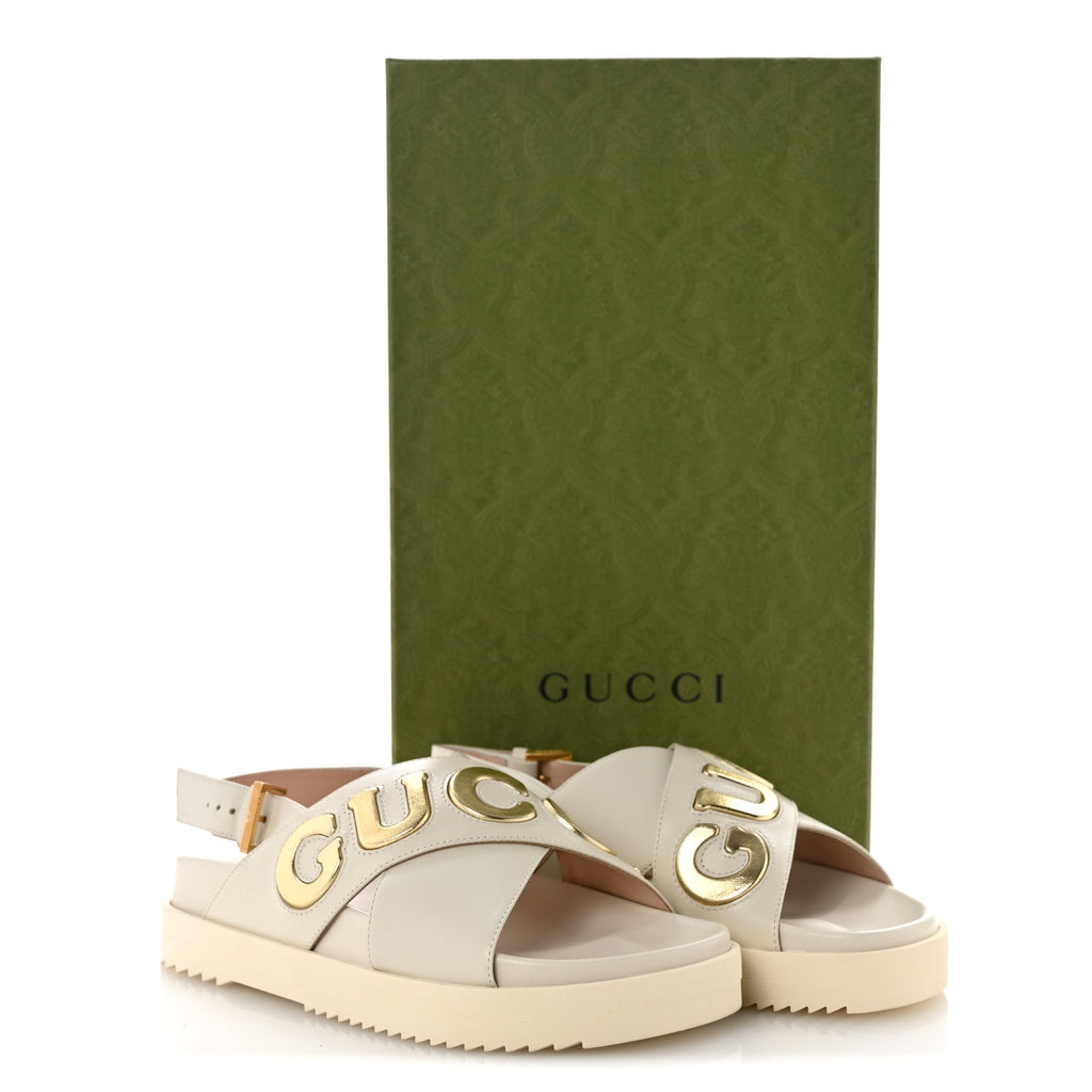 Gucci Calfskin Nappa Women's Charlotte Slingback Sandals 35 Mystic White Platino