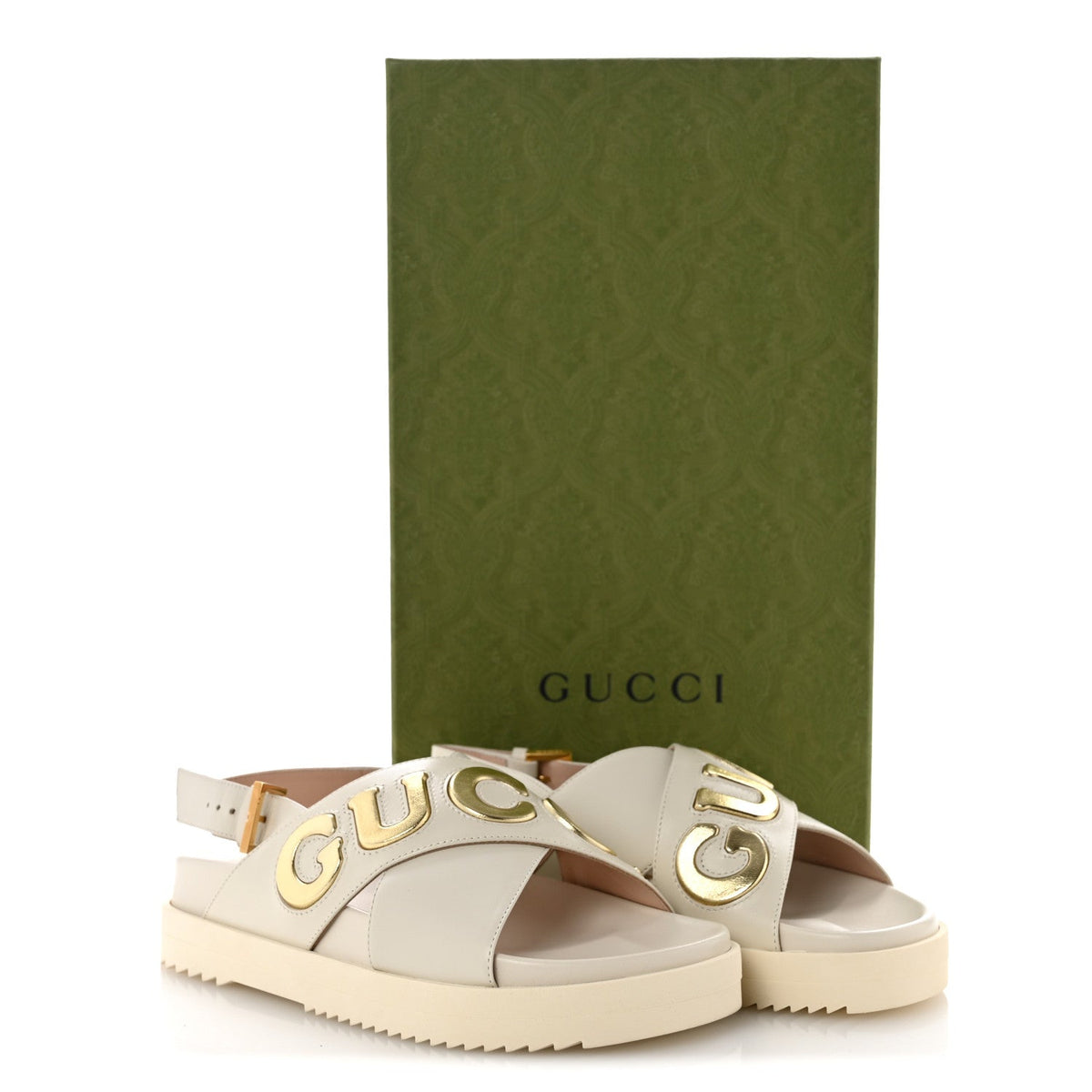 Gucci Calfskin Nappa Women's Charlotte Slingback Sandals 35 Mystic White Platino