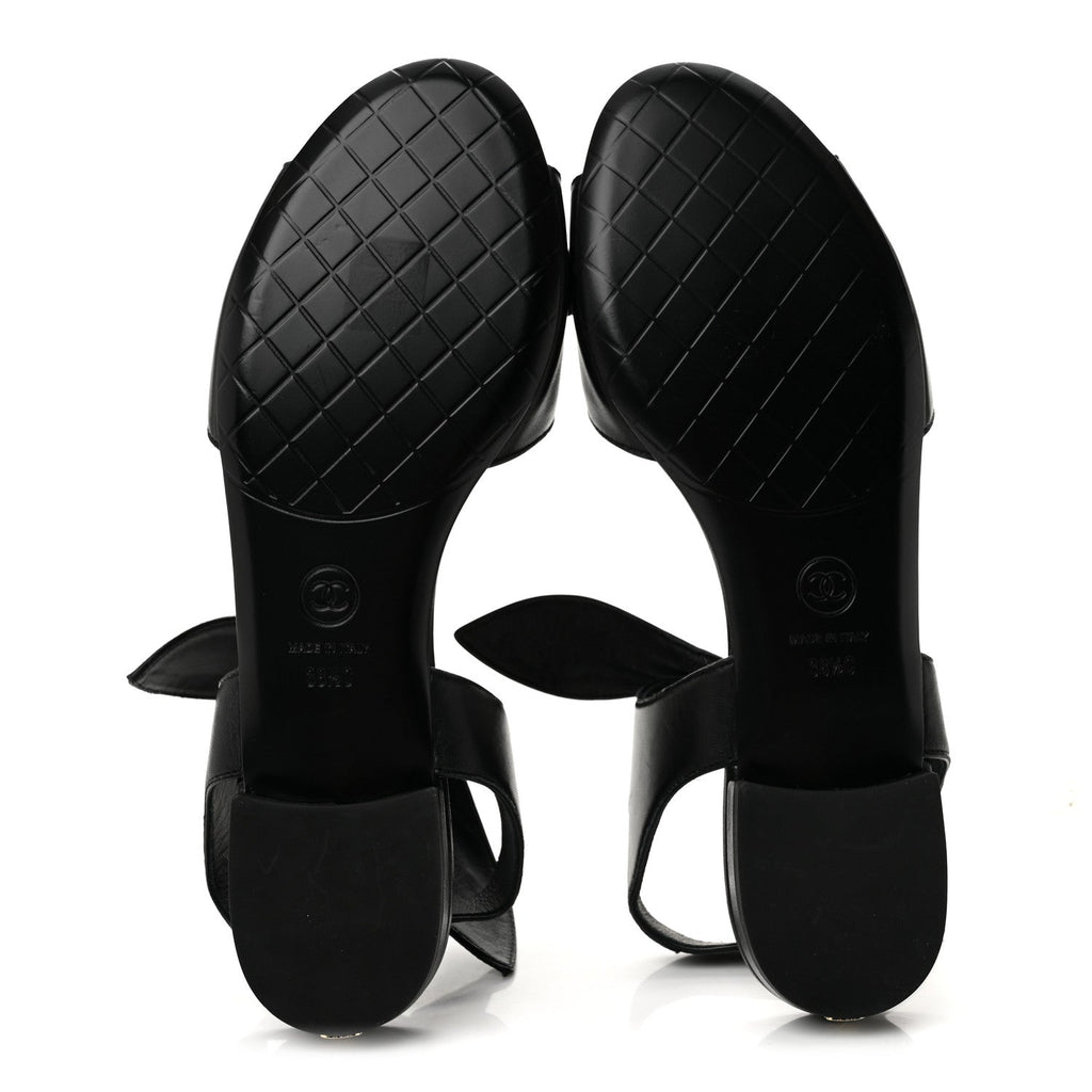 Chanel Lambskin Women's Bow CC Flat Sandals 38.5 Black