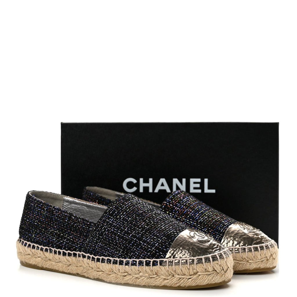 Chanel Tweed Patent Goatskin Women's CC Espadrilles 39 Black Pink Yellow