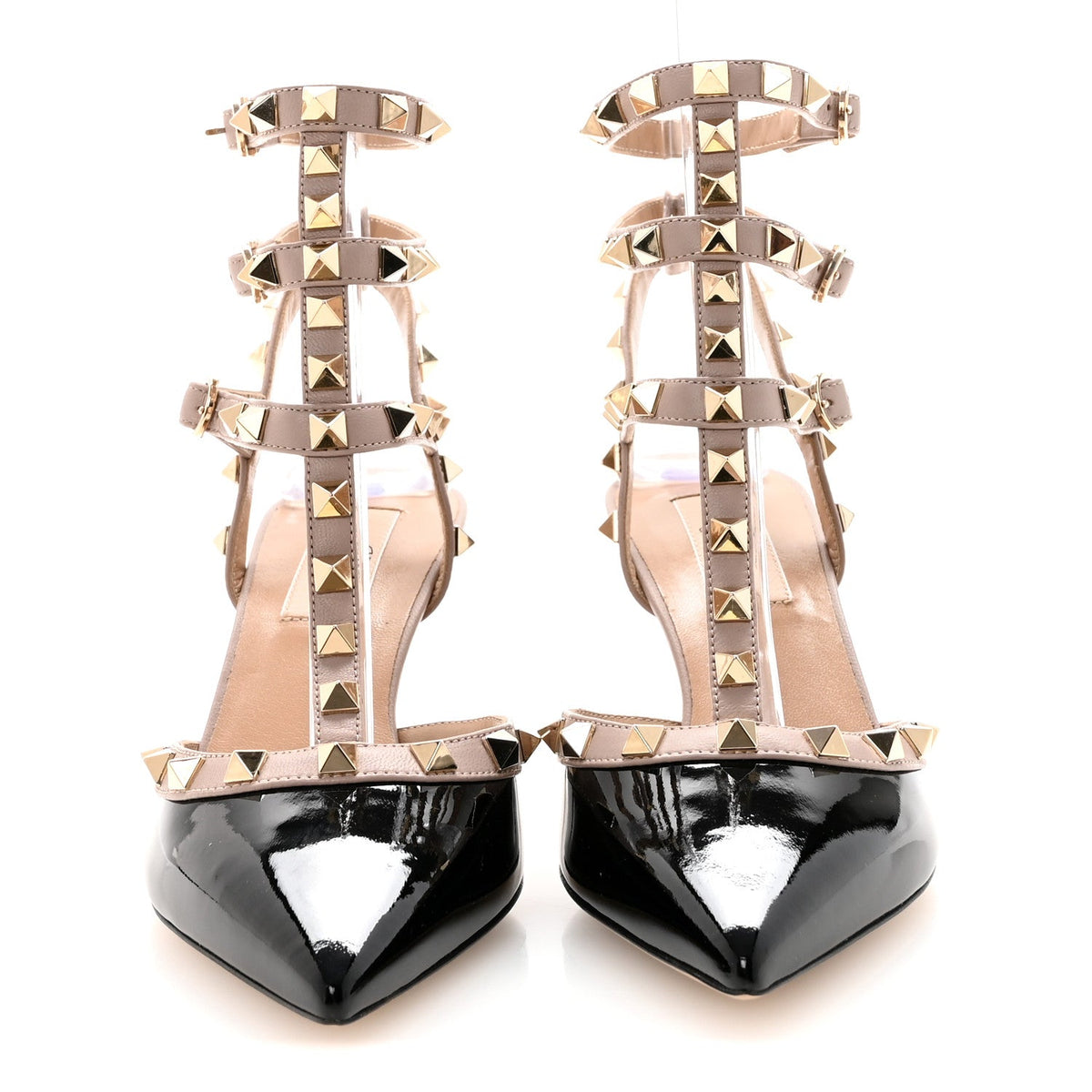 Valentino Garavani Patent Nappa Women's Rockstud Ankle Strap Pumps 36.5 Black Poudre
