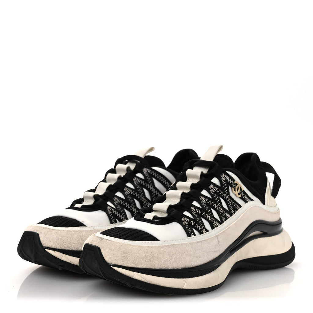 Chanel Fabric Suede Calfskin Women's CC Sneakers 39.5 White Black