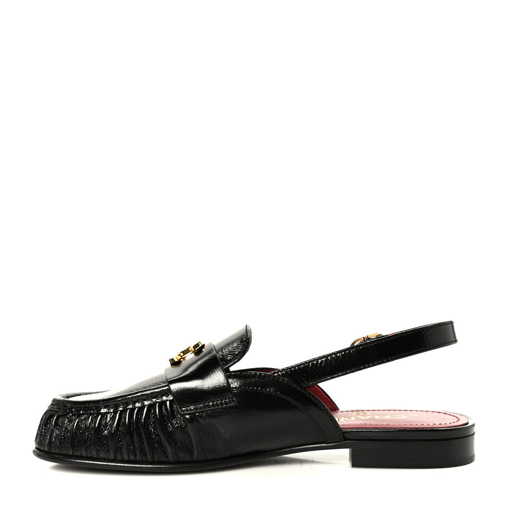 Chanel Crumpled Shiny Lambskin Women's CC Slingback Mocassin 38.5 Black