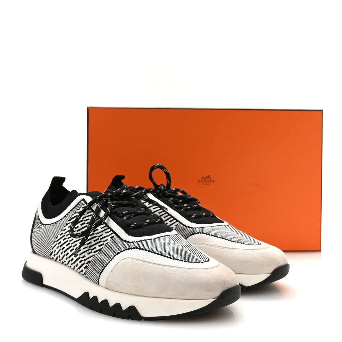 Hermes Knit Goatskin Men's Addict Sneakers 41 Black White